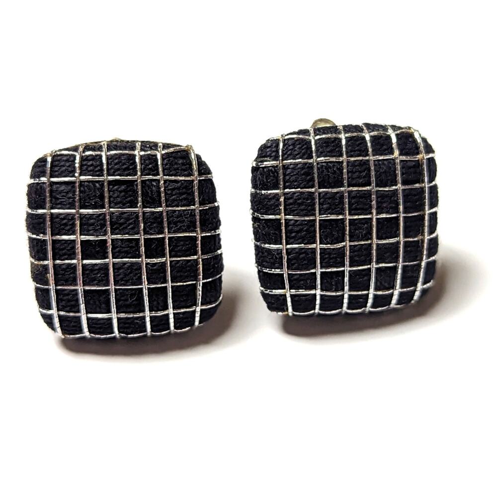Vintage 80s Artisan Puffy Square Wire Wrapped Fabric Clip On Earrings
